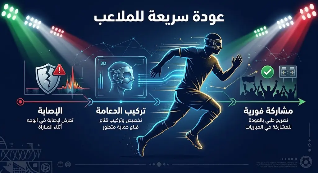 إنفوجرافيك يوضح المخطط الزمني للعودة السريعة للاعبين المصابين إلى المباريات بفضل الدعامات الطبية.