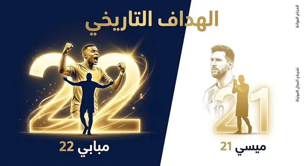 إنفوجرافيك يوضح تجاوز كيليان مبابي لليونيل ميسي ليصبح الهداف التاريخي لكأس العالم برصيد 22 هدفاً.