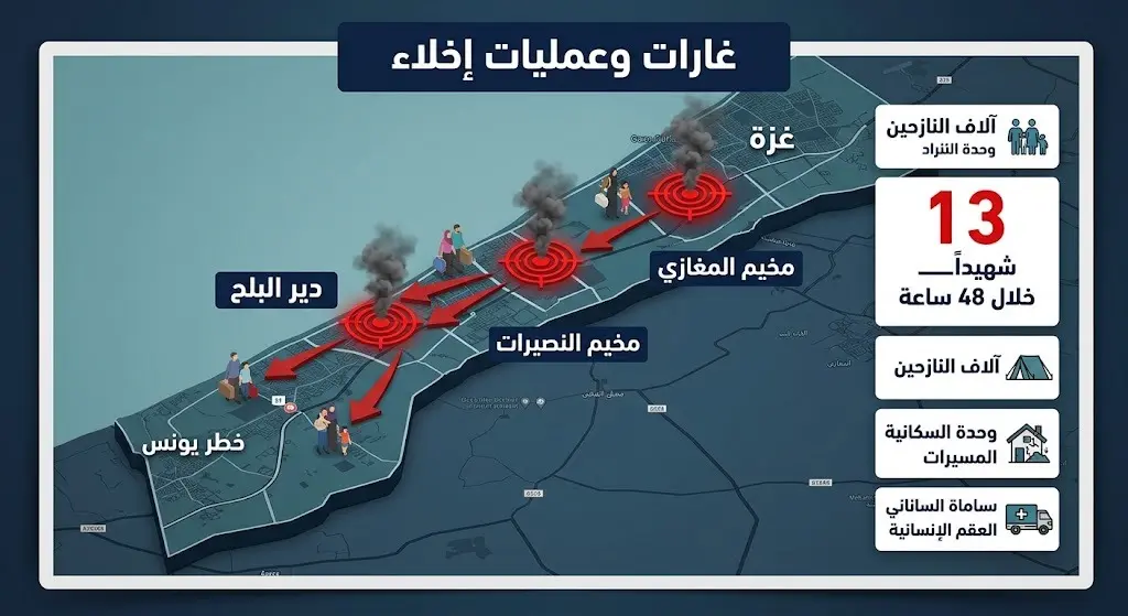 إنفوجرافيك يوضح المناطق المستهدفة في وسط قطاع غزة مع مؤشرات لعمليات الإخلاء وحصيلة الضحايا.