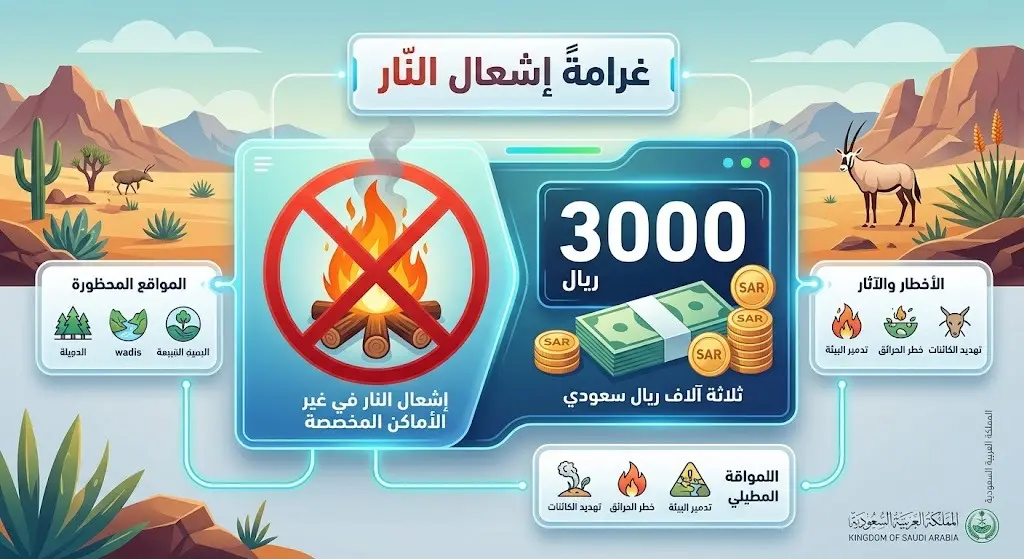 إنفوجرافيك يوضح غرامة إشعال النار في الأماكن غير المخصصة في المحميات والتي تصل إلى 3000 ريال