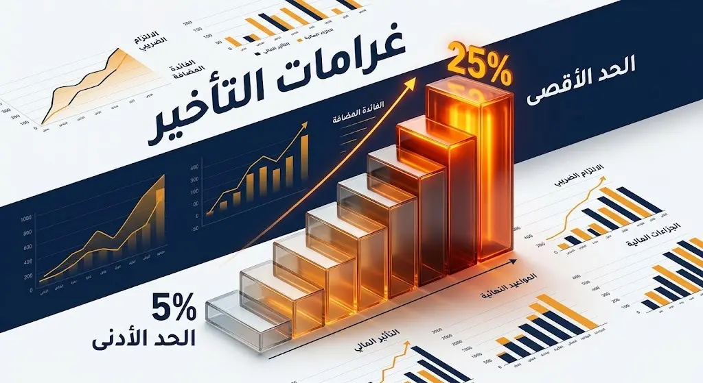 إنفوجرافيك مالي يوضح تدرج غرامات التأخير من 5% كحد أدنى إلى 25% كحد أقصى.