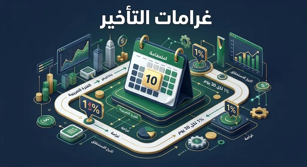 إنفوجرافيك يوضح نسبة غرامات التأخير لضريبة الاستقطاع بواقع 1% لكل 30 يوماً وتفاصيل آلية التطبيق.