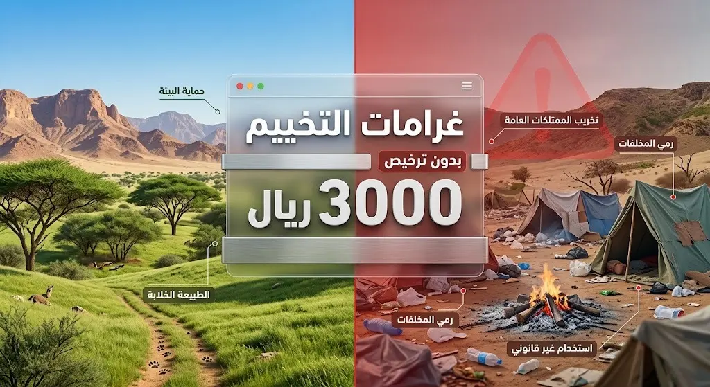 إنفوجرافيك يوضح عقوبة التخييم العشوائي في المتنزهات الوطنية والتي تصل إلى 3000 ريال.