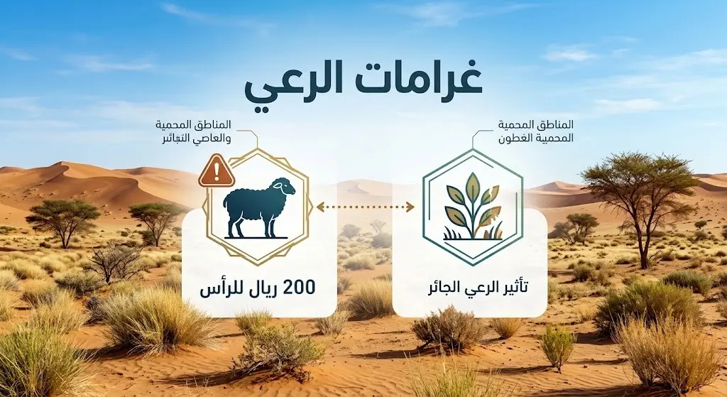 تصميم إنفوجرافيك يوضح عقوبة الرعي الجائر للأغنام داخل محمية الإمام تركي بن عبدالله الملكية وقيمة الغرامة المالية.