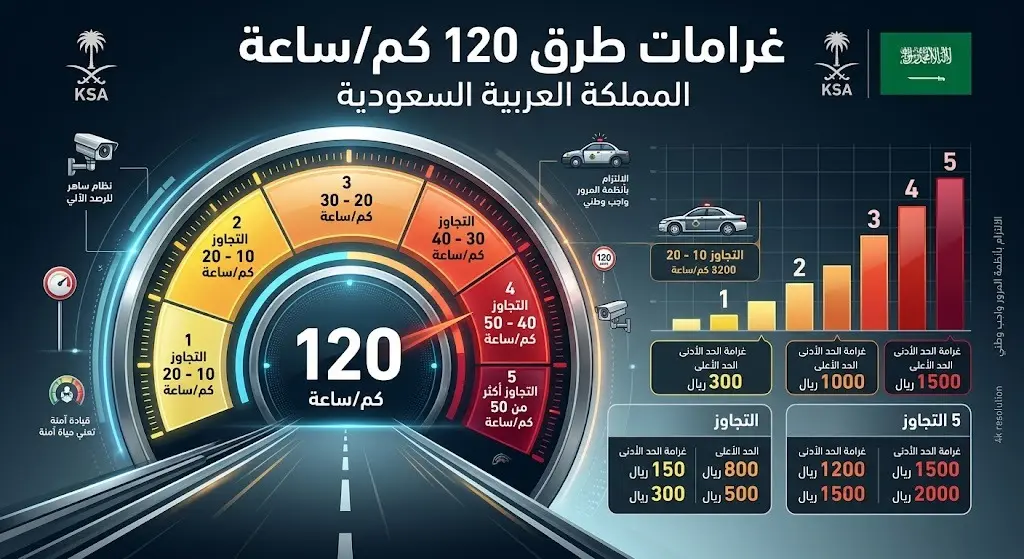 إنفوجرافيك يوضح تفاصيل غرامات تجاوز السرعة على الطرق المحددة بـ 120 كم/ساعة في السعودية، مبينة حسب مقدار التجاوز وقيمة المخالفة بالريال.