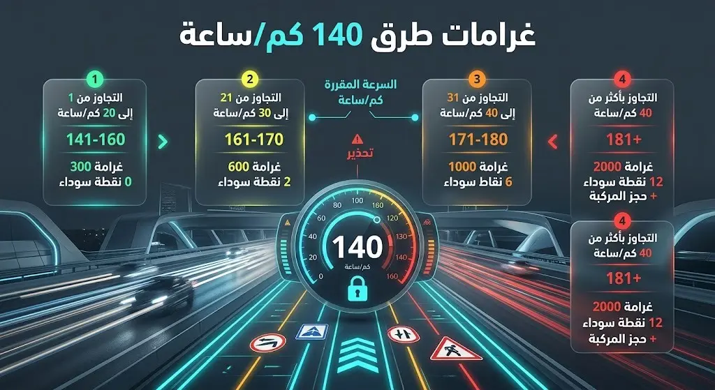 تصميم بياني يستعرض غرامات المخالفات المرورية للطرق السريعة المحددة بـ 140 كم/ساعة، موضحاً التدرج في قيمة الغرامة بدءاً من تجاوز 5 كم/ساعة.