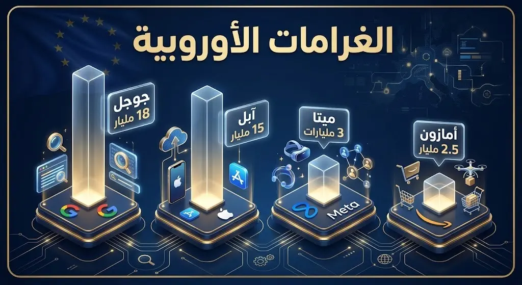 إنفوجرافيك يوضح بالأرقام حجم الغرامات الأوروبية المليارية المفروضة على شركات التقنية الأمريكية الكبرى مثل جوجل وآبل وميتا وأمازون.