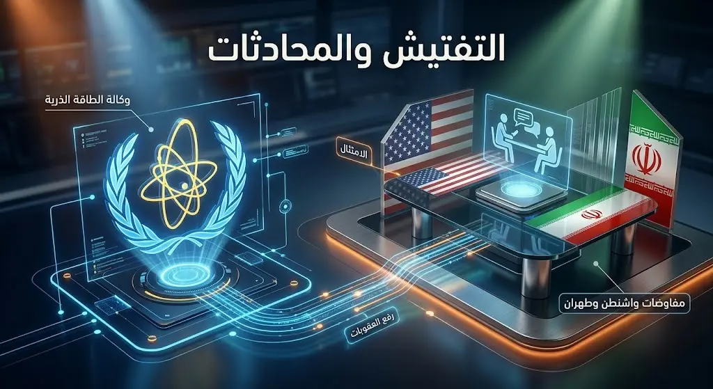 تصميم فني يجسد ارتباط عمليات التفتيش التابعة لوكالة الطاقة الذرية بالمفاوضات السياسية بين واشنطن وطهران.