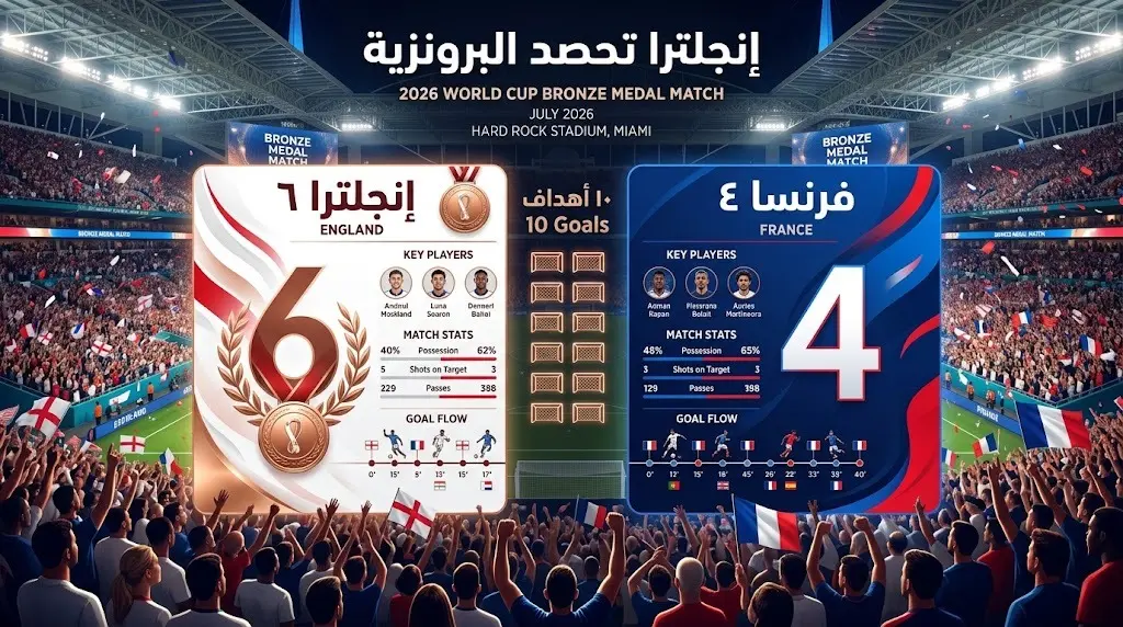 تصميم بياني يوضح نتيجة مباراة إنجلترا وفرنسا 6-4 ونهاية مشوار الفريقين في المونديال