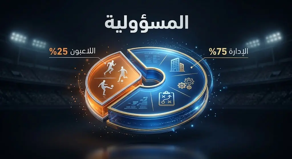 إنفوجرافيك يوضح توزيع مسؤولية تراجع أداء المنتخب، محملاً الإدارة النصيب الأكبر مقارنة باللاعبين.