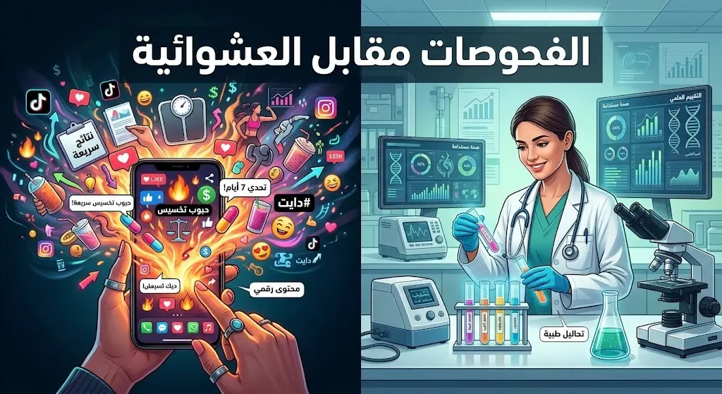 صورة تعبيرية تقارن بين الفحوصات الطبية الدقيقة في العيادات والاعتماد العشوائي على الهواتف الذكية لاستقاء الأنظمة الغذائية.