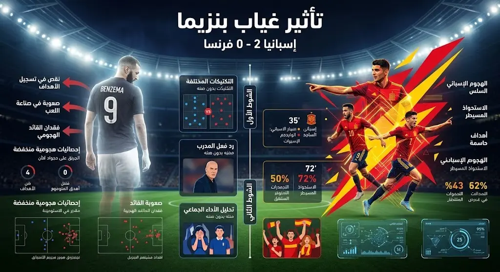 إنفوجرافيك تعبيري يوضح تأثير غياب كريم بنزيما عن هجوم المنتخب الفرنسي وخسارته أمام إسبانيا بنتيجة 2-0 في نصف نهائي كأس العالم.