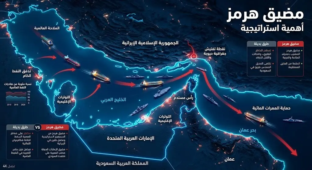 إنفوجرافيك يوضح الأهمية الاستراتيجية لمضيق هرمز كشريان حيوي للملاحة العالمية والطاقة.
