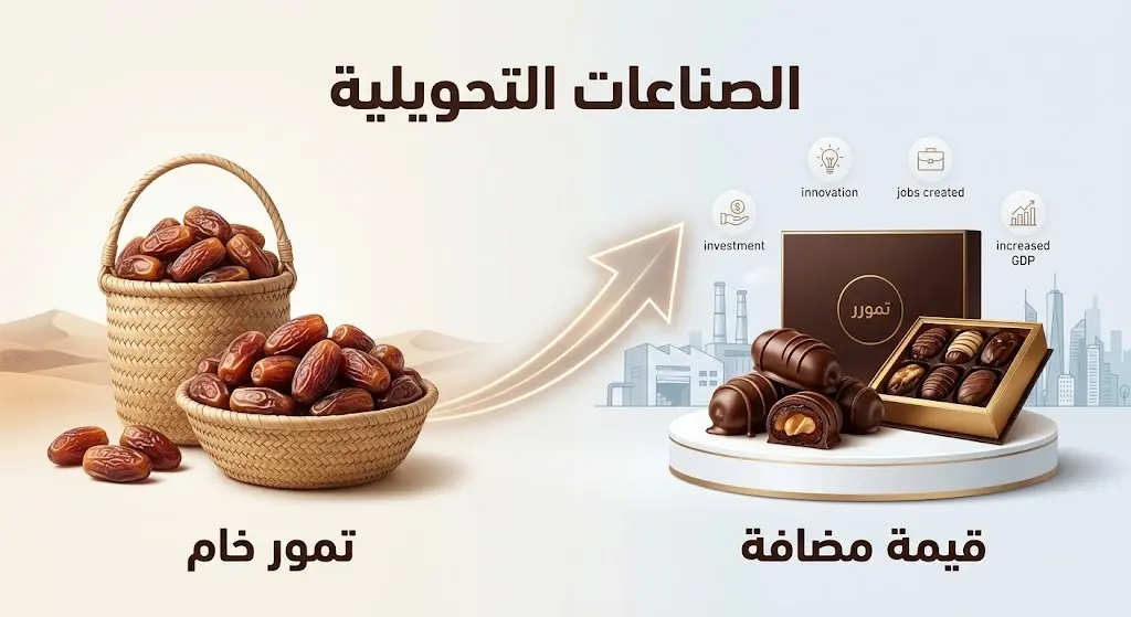 تصميم مقارنة يبرز الفرق بين تصدير التمور الخام وتحويلها إلى منتجات عالية القيمة مثل الشوكولاتة.