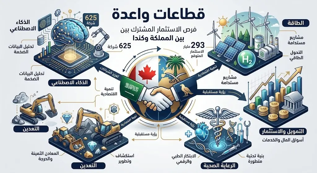 إنفوجرافيك احترافي يستعرض أبرز القطاعات الاستثمارية المستهدفة بين السعودية وكندا مثل الذكاء الاصطناعي والطاقة والرعاية الصحية مع إحصائيات الاستثمار.