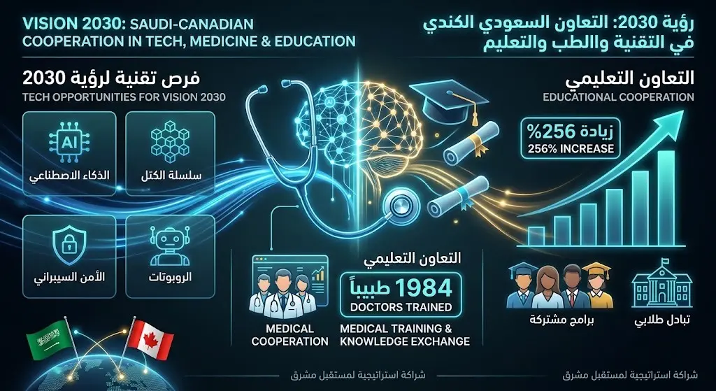 تصميم بصري إبداعي يدمج بين رموز التكنولوجيا المتقدمة والطب والتعليم، يبرز تزايد أعداد الأطباء السعوديين الدارسين في كندا بنسبة 256%.