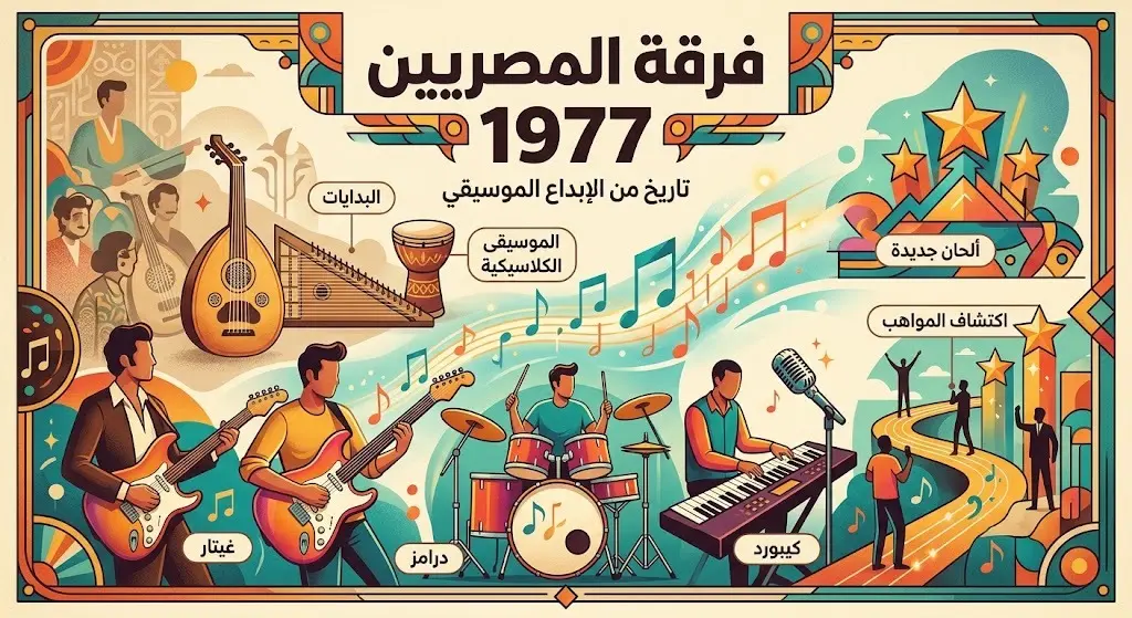 تصميم بصري يوضح تأسيس فرقة المصريين عام 1977 والآلات الموسيقية الحديثة التي أدخلها هاني شنودة مثل الكيبورد والغيتار والدرامز.