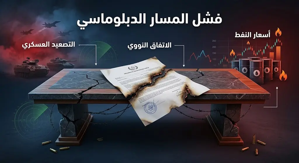 تصميم تعبيري يجسد انهيار المفاوضات الدبلوماسية وتمزق وثيقة الاتفاق النووي مع إشارات بصرية للتصعيد العسكري وأزمة النفط المتصاعدة.