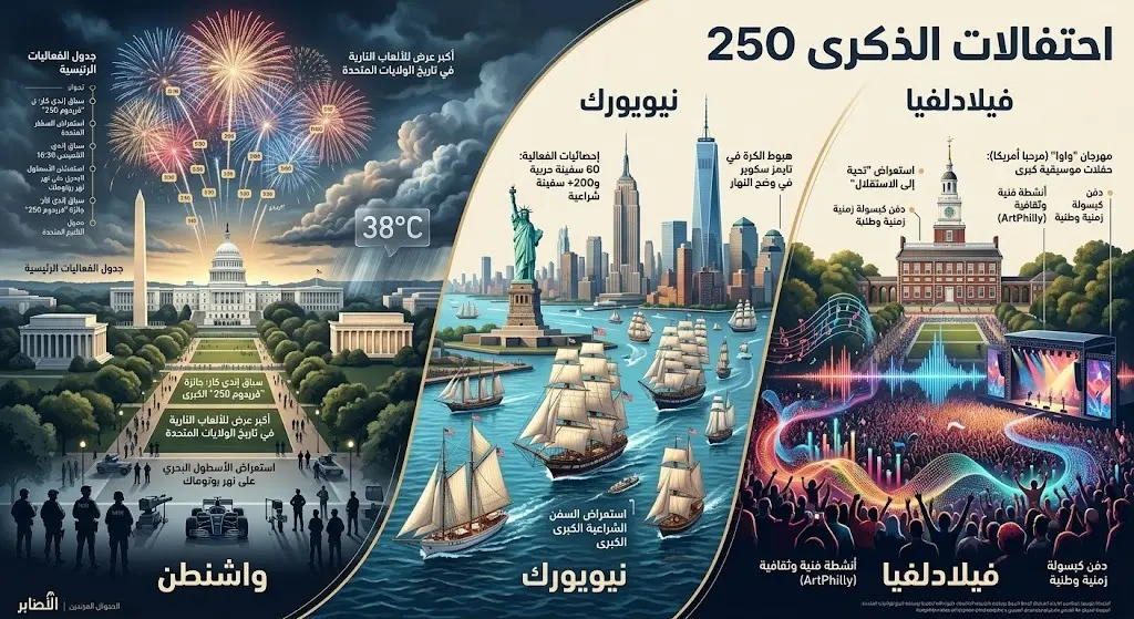 إنفوجرافيك يوضح تباين فعاليات الذكرى 250 بين العاصمة واشنطن وسط الإجراءات الأمنية والطقس القاسي، واحتفالات نيويورك وفيلادلفيا.