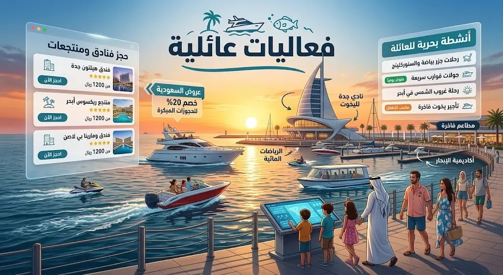 تصميم إبداعي يدمج بين نادي جدة لليخوت والأنشطة البحرية العائلية مع واجهات رقمية توضح الفعاليات السياحية في صيف جدة.
