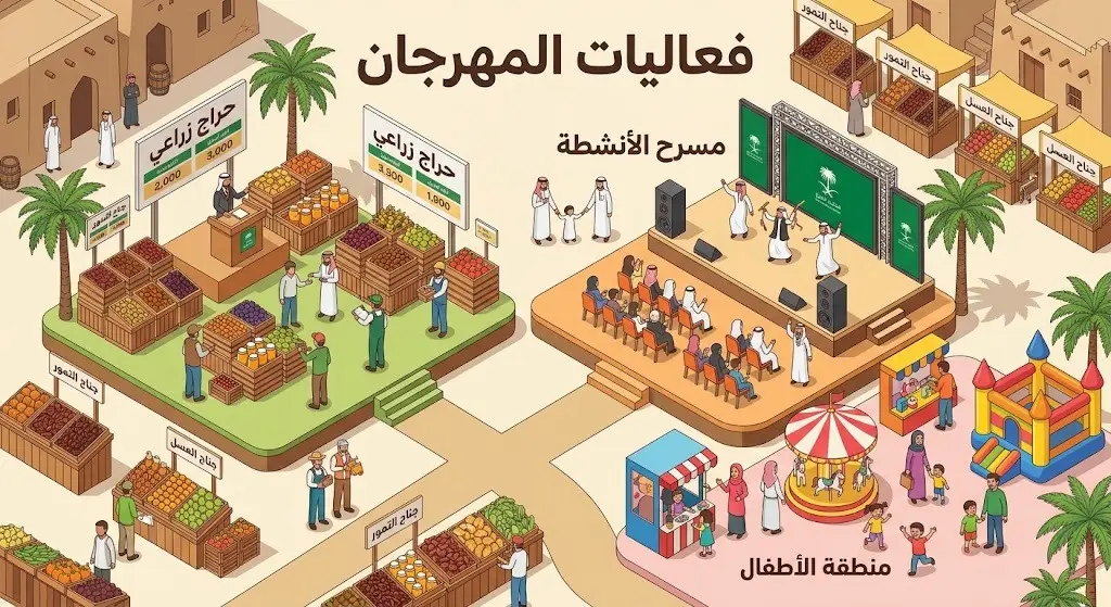 تصميم يوضح أقسام مهرجان الخرج الزراعي شاملة حراج المنتجات، مسرح الأنشطة، ومنطقة الأطفال.