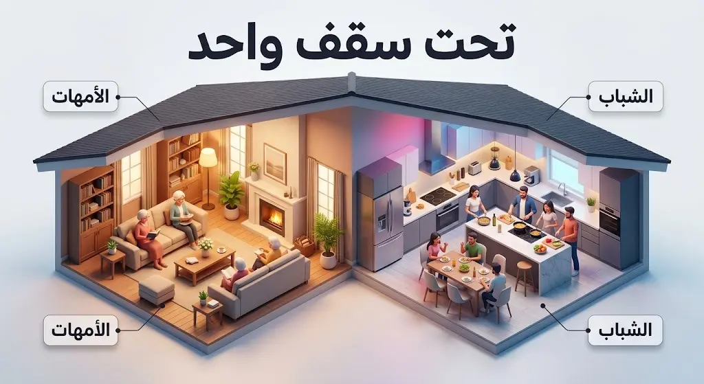 إنفوجرافيك إبداعي ثلاثي الأبعاد لمنزل يوضح فكرة إقامة الأمهات والشباب معاً تحت سقف واحد.
