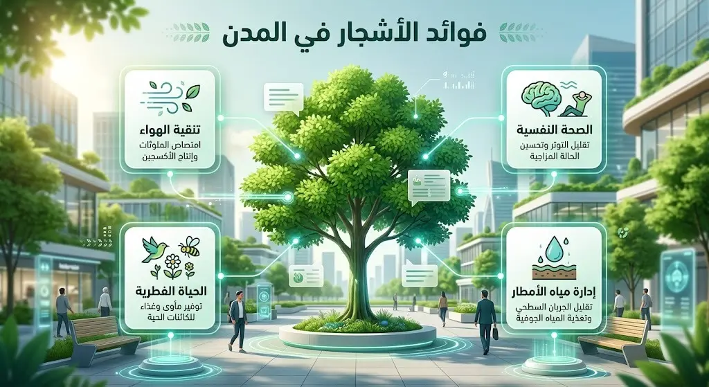 رسم معلوماتي (إنفوجرافيك) يوضح الفوائد المتعددة لزيادة مساحات الغطاء النباتي، مثل تنقية الهواء وتحسين الصحة النفسية ودعم الحياة الفطرية وإدارة مياه الأمطار.
