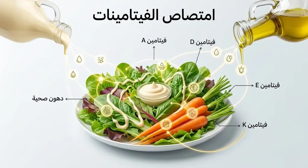 تصميم فني يوضح دور الدهون غير المشبعة في المايونيز في تعزيز امتصاص الفيتامينات من الخضراوات