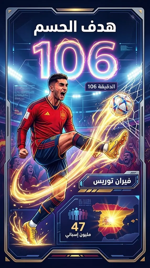 تصميم معلوماتي يبرز تفاصيل هدف الفوز الحاسم الذي سجله فيران توريس في الدقيقة 106