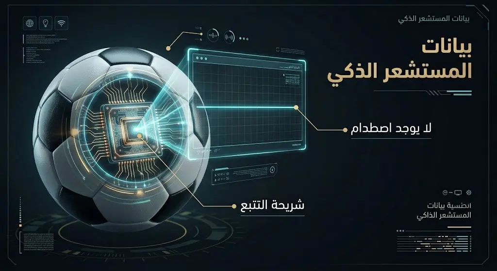 إنفوجرافيك تقني يستعرض المستشعر الداخلي لكرة كأس العالم والبيانات البيانية التي تثبت عدم حدوث أي ارتطام خارجي.