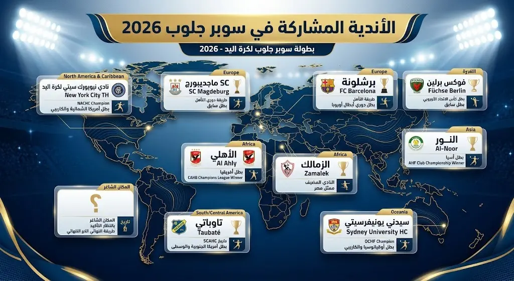 إنفوجرافيك يستعرض قائمة الأندية التسعة المؤكد مشاركتها في بطولة كأس العالم للأندية لكرة اليد 2026 مع إبراز المقعد الأخير المتبقي.