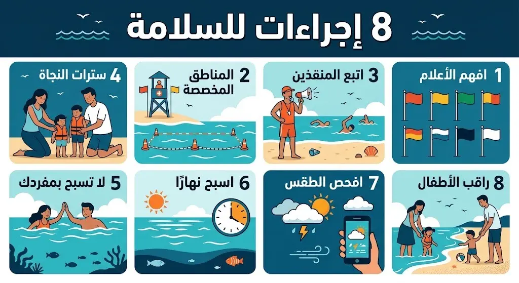 تصميم معلوماتي يستعرض الإجراءات الثمانية لسلامة مرتادي البحر التي حددها حرس الحدود للوقاية من الغرق