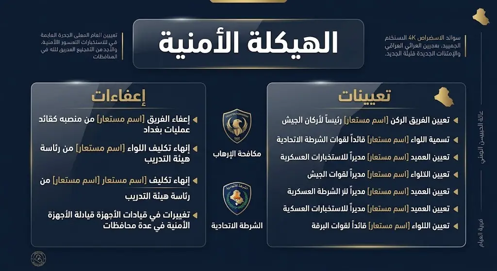 إنفوجرافيك احترافي يعرض تفاصيل الإعفاءات والتعيينات الجديدة في المناصب الأمنية والعسكرية الحساسة.