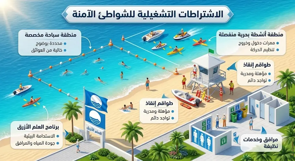 إنفوجرافيك يوضح الاشتراطات التشغيلية الجديدة للشواطئ في السعودية، بما في ذلك طواقم الإنقاذ، فصل مناطق السباحة، واعتماد العلم الأزرق.