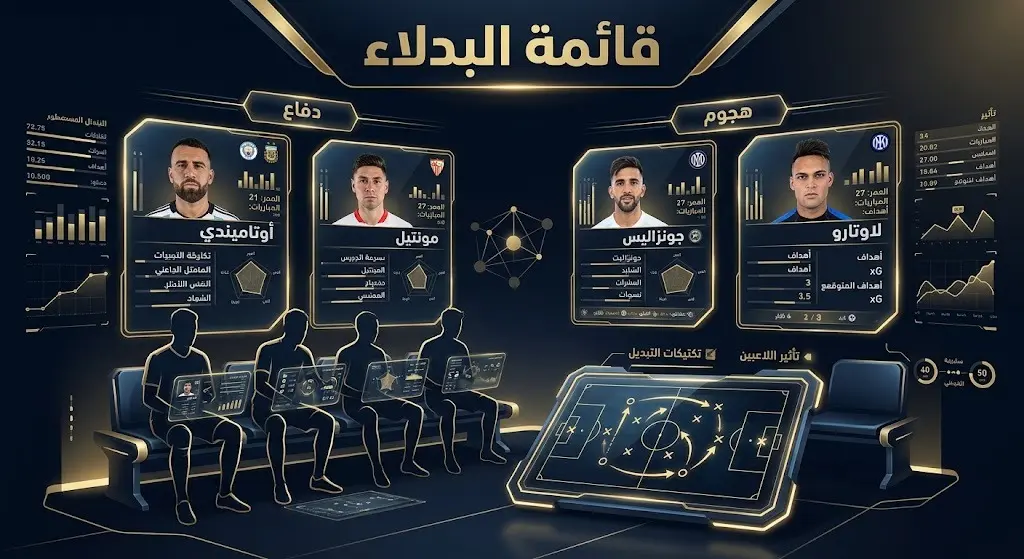 تصميم فني يستعرض أبرز الأوراق الرابحة على مقاعد بدلاء المنتخب الأرجنتيني مقسمة بين الدفاع والهجوم.