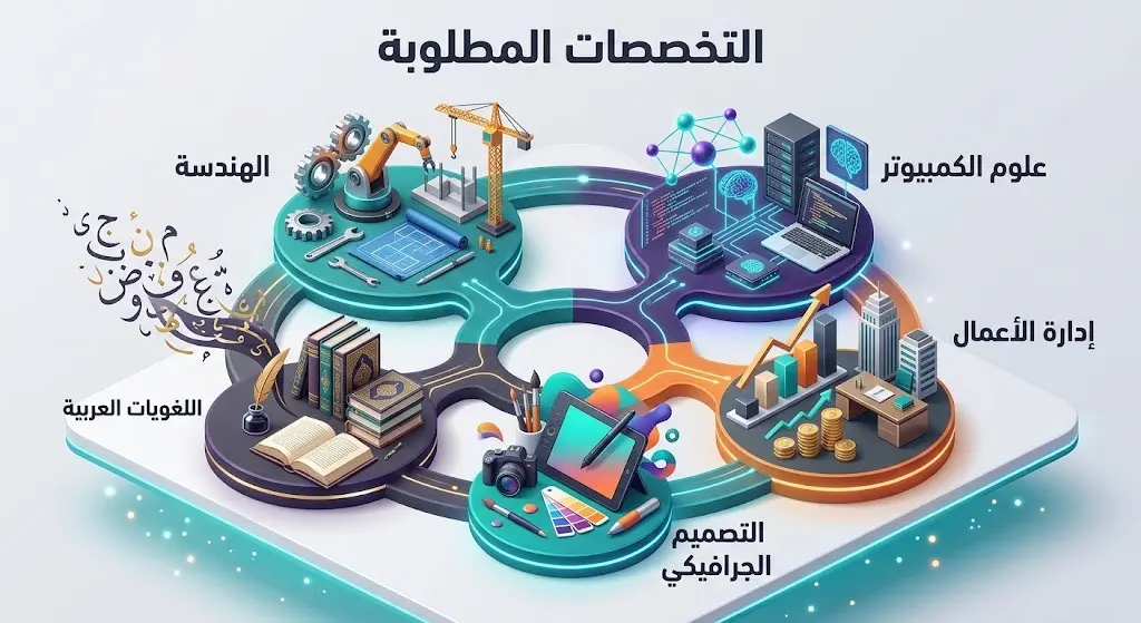 تصميم بصري إبداعي يستعرض مجالات التخصصات الأكاديمية المطلوبة للوظائف مثل الهندسة وتقنية المعلومات والتصميم الجرافيكي