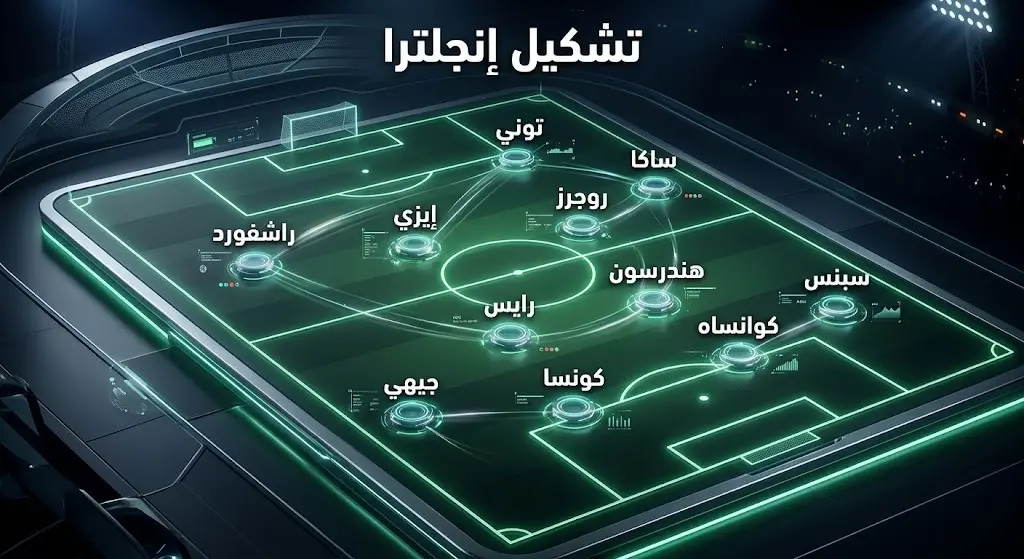 تصميم تكتيكي لملعب كرة قدم يوضح أسماء ومراكز التشكيل الأساسي لمنتخب إنجلترا في مباراة تحديد المركز الثالث.