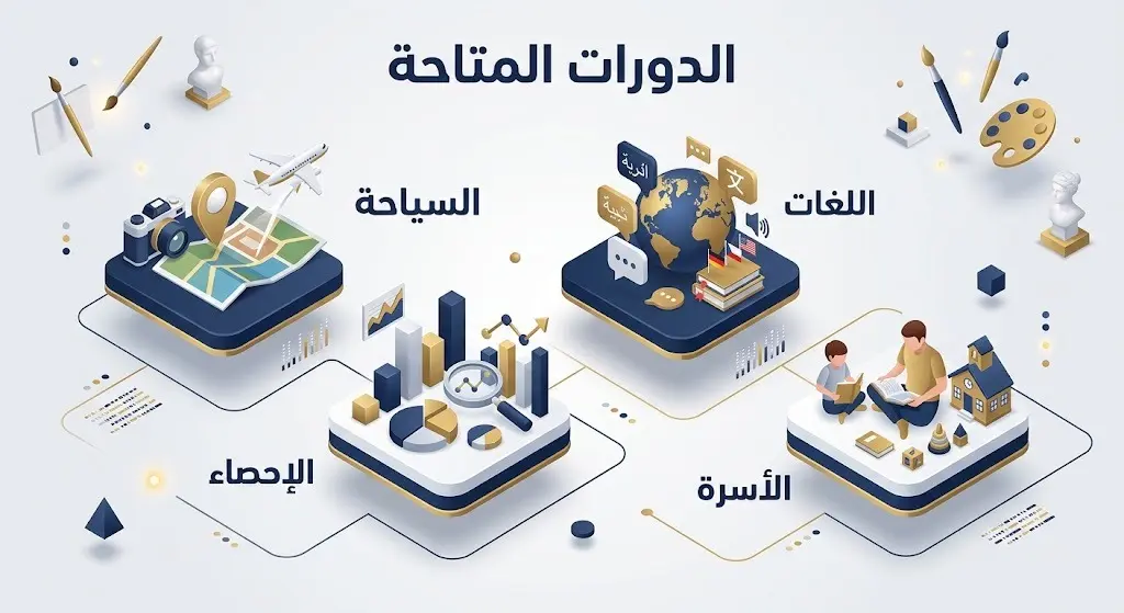 إنفوجرافيك يستعرض قائمة الدورات التدريبية المتاحة في البرنامج الصيفي لجامعة نجران، تشمل مجالات السياحة، اللغات، الإحصاء، والمهارات الشخصية.