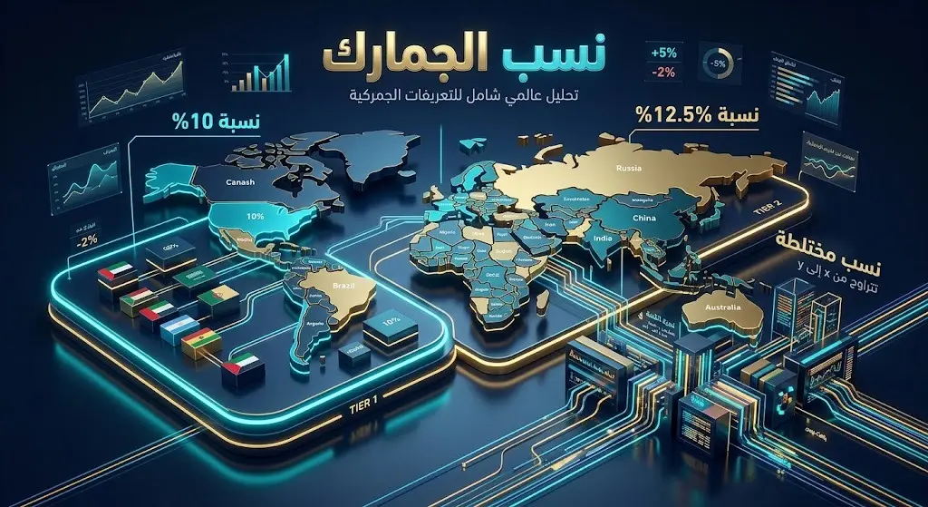 إنفوجرافيك يوضح تصنيف الدول المشمولة بالرسوم الجمركية الأمريكية الجديدة ونسبها التي تتراوح بين 10% و12.5%.