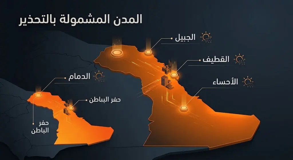 تصميم بياني يبرز خريطة المدن والمحافظات في المنطقة الشرقية المشمولة بتحذيرات المركز الوطني للأرصاد