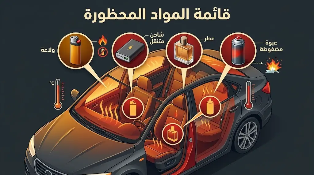 إنفوجرافيك يوضح المواد القابلة للاشتعال والمحظور تركها داخل السيارات في فصل الصيف مثل العبوات المضغوطة والبطاريات.