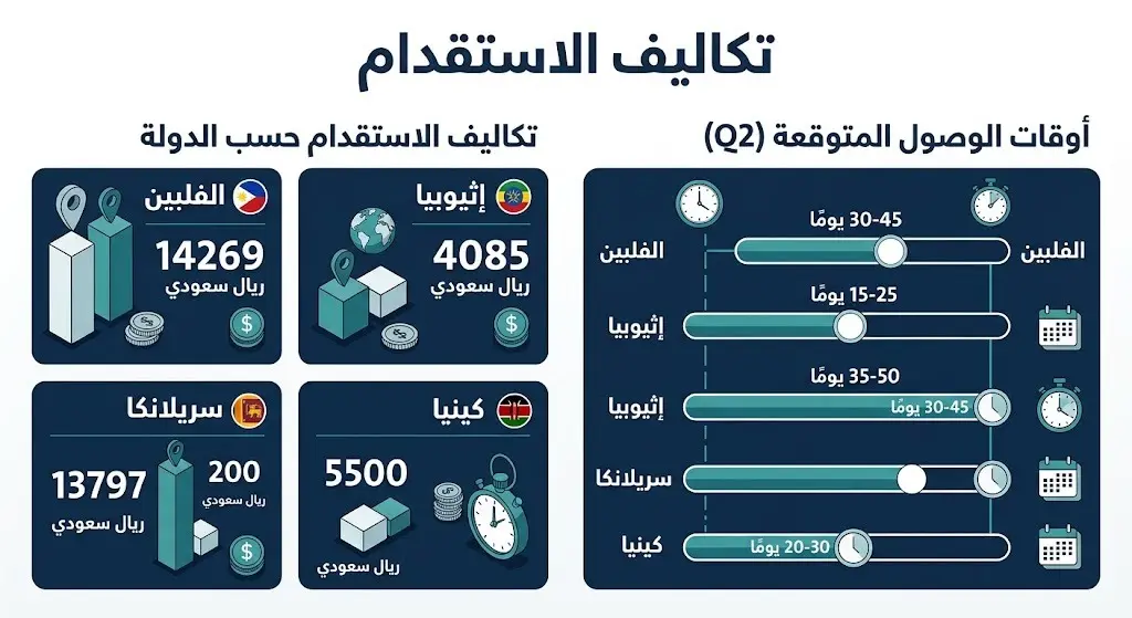 إنفوجرافيك يوضح متوسط تكاليف استقدام العمالة المنزلية ومدد وصولها من الدول المعتمدة خلال الربع الثاني من عام 2026
