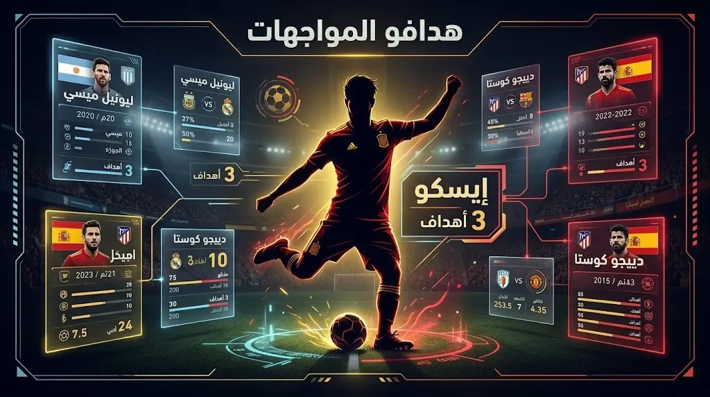 تصميم بصري يستعرض قائمة هدافي مباريات الأرجنتين وإسبانيا التاريخية، ويتصدرها الإسباني إيسكو بثلاثة أهداف.