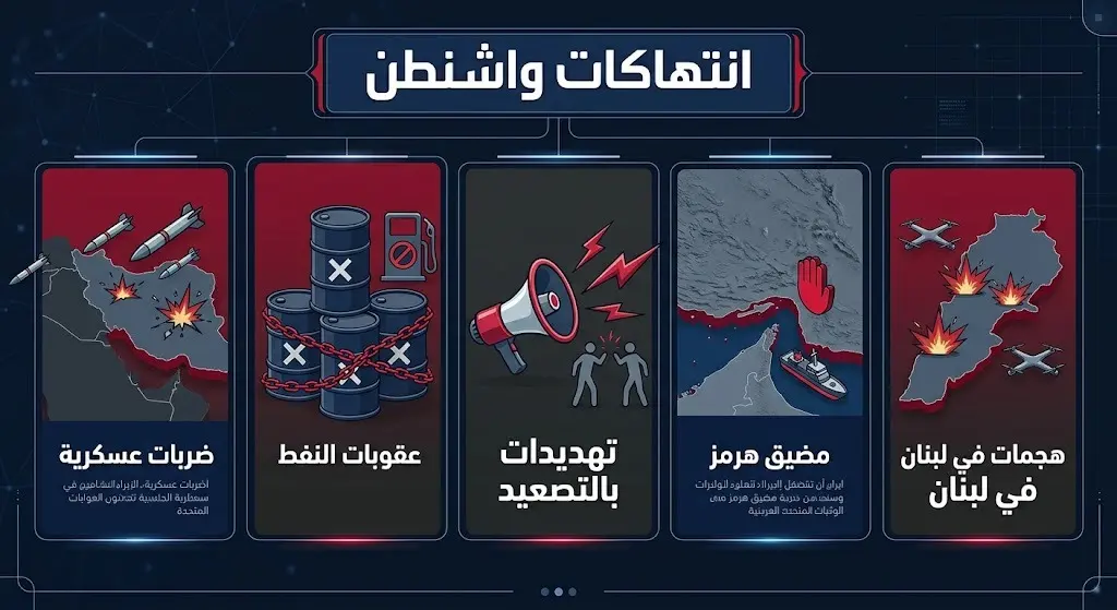 إنفوجرافيك يوضح البنود الخمسة التي اعتبرتها طهران خرقاً أمريكياً للتفاهمات، وتشمل العقوبات والضربات العسكرية.
