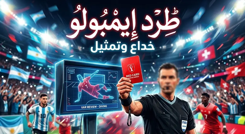 صورة تعبيرية تظهر حكماً يرفع البطاقة الحمراء مع شاشة تقنية الفيديو (VAR) في الخلفية وسط أجواء ملعب حماسية