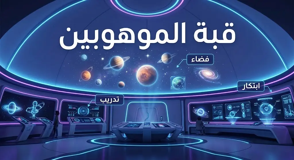 تصميم ثلاثي الأبعاد لقبة فلكية حديثة تشع بالضوء وتضم عروضاً تقنية للفضاء والكواكب، مع نصوص عربية توضيحية متصلة.
