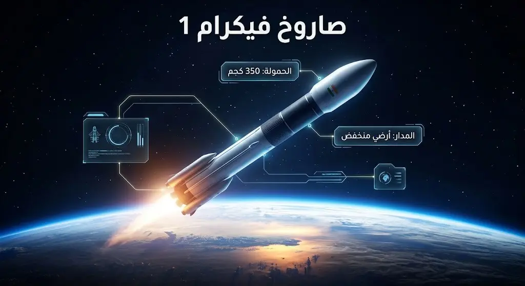 إنفوجرافيك بصري يوضح قدرات صاروخ فيكرام 1 الفضائي، مبرزاً حمولته البالغة 350 كيلوغراماً وقدرته على الوصول إلى المدار الأرضي المنخفض.