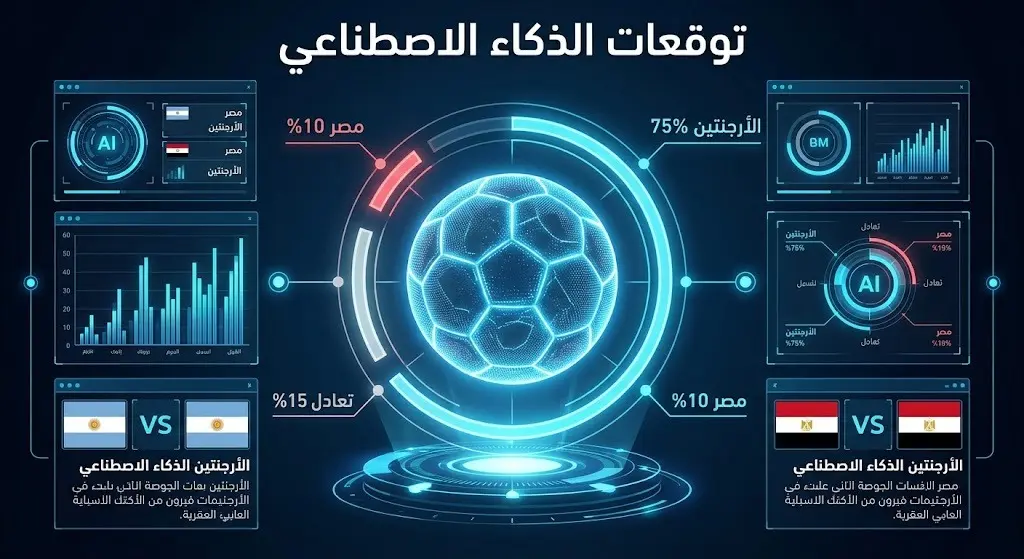 إنفوجرافيك رقمي يوضح توقعات الذكاء الاصطناعي لنتيجة مباراة مصر والأرجنتين ونسب فوز كل منتخب.