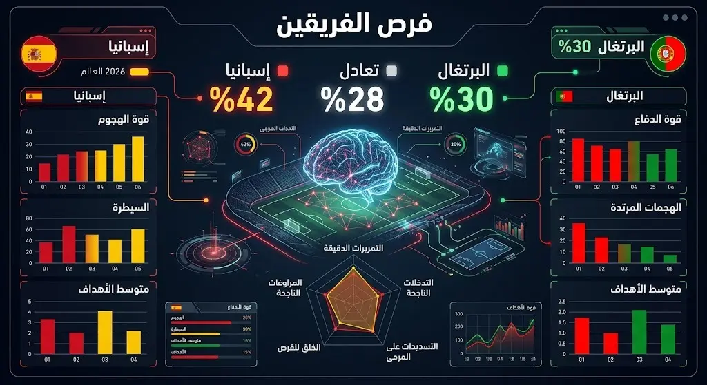 تصميم إنفوجرافيك يوضح نسب وتوقعات الذكاء الاصطناعي لفرص فوز إسبانيا والبرتغال في دور الستة عشر من كأس العالم 2026