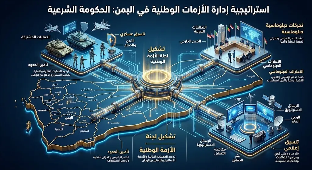 إنفوجرافيك يوضح قرارات الاجتماع الاستثنائي للحكومة اليمنية وتشكيل خلية إدارة الأزمة بتفرعاتها العسكرية والسياسية.